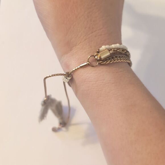 782 Double Gold Chain White Beaded Adjustable‎ Slider Bracelet with Gray Tassels - Picture 2 of 4